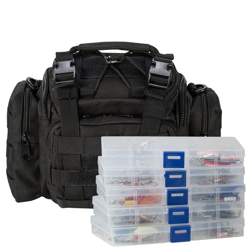 Dr.Fish Fishing Tackle Bag Loaded 5 Boxes 60 Lures Kit Crankbaits Spinners Roostertail Salmon Spoons Soft Plastic Shad Swimbiats Black - Image 1